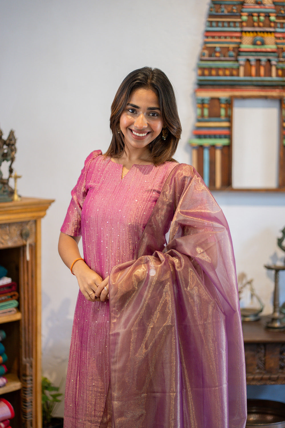 AA303 Purplish Pink Crush Silk Salwar Set with Shiny Tissue Silk Dupatta(crepe Lining)