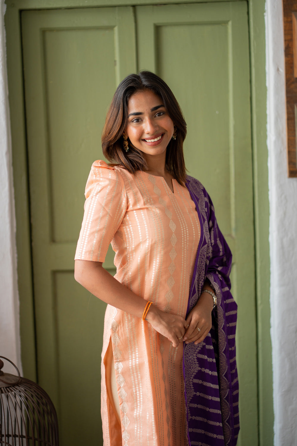 Peach Chanderi Diamond Stripes & Butta Kurti with Violet Banarasi Jacquard Dupatta