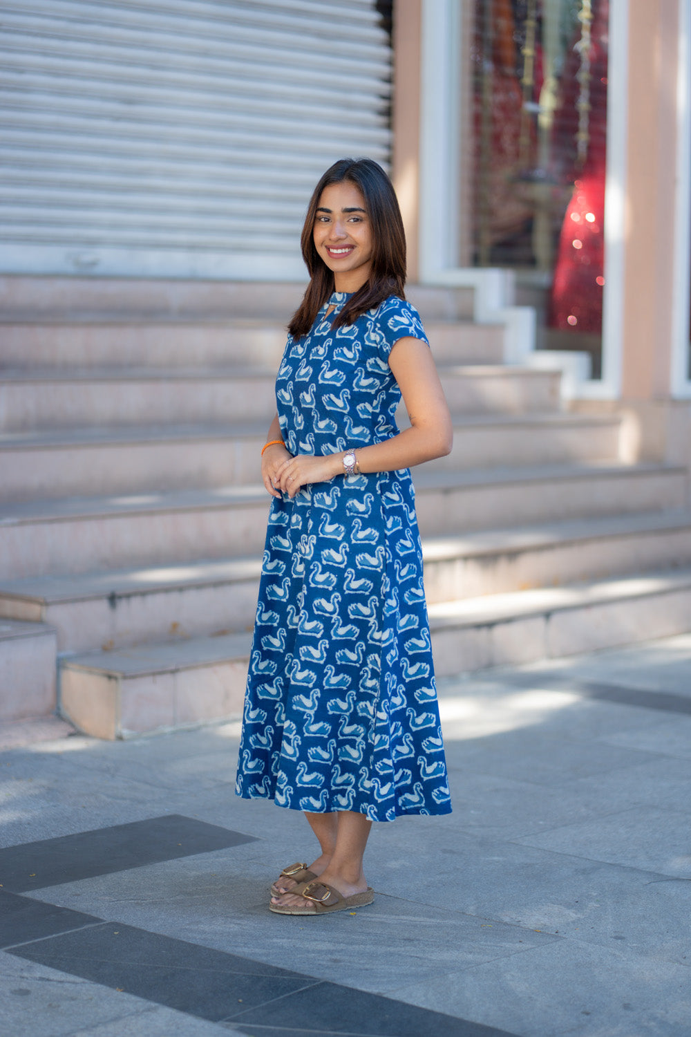 AA265 Indigo Blue Swan Print Cotton Aline Dress