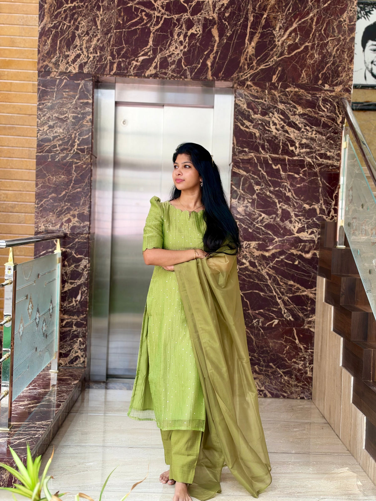Pista Green Crush Silk Salwar Set with Shiny Tissue Silk Dupatta(crepe Lining)