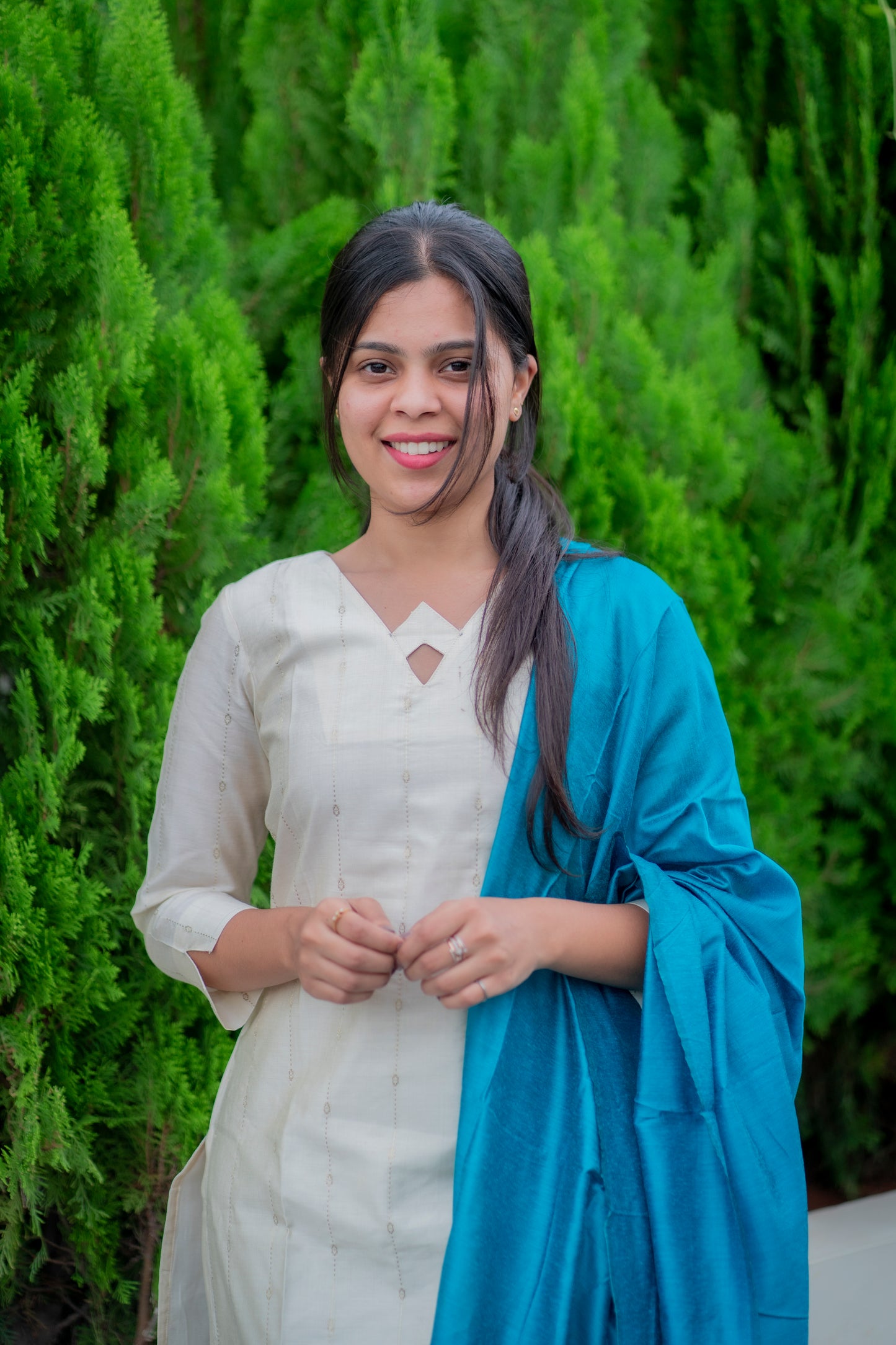 AA065 White with Golden Stripes Silk Kurti with Peacock Blue Dupatta