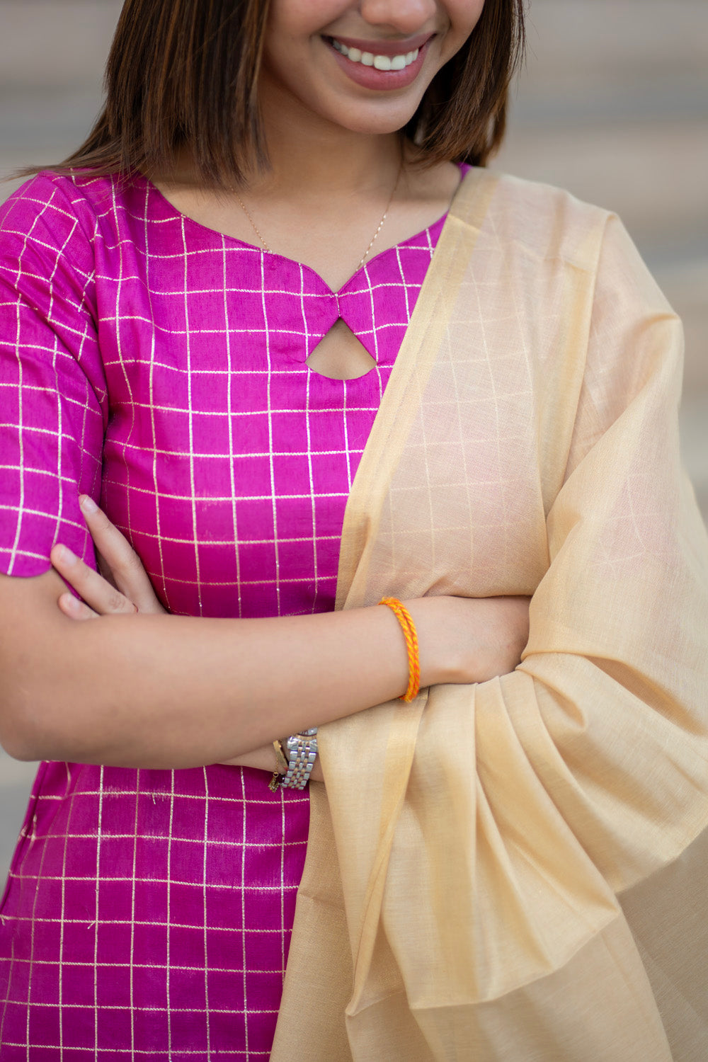 AA278 Magenta Pink Checks with Temple Border Dolla Silk Kurti with Golden Tissue Silk Dupatta