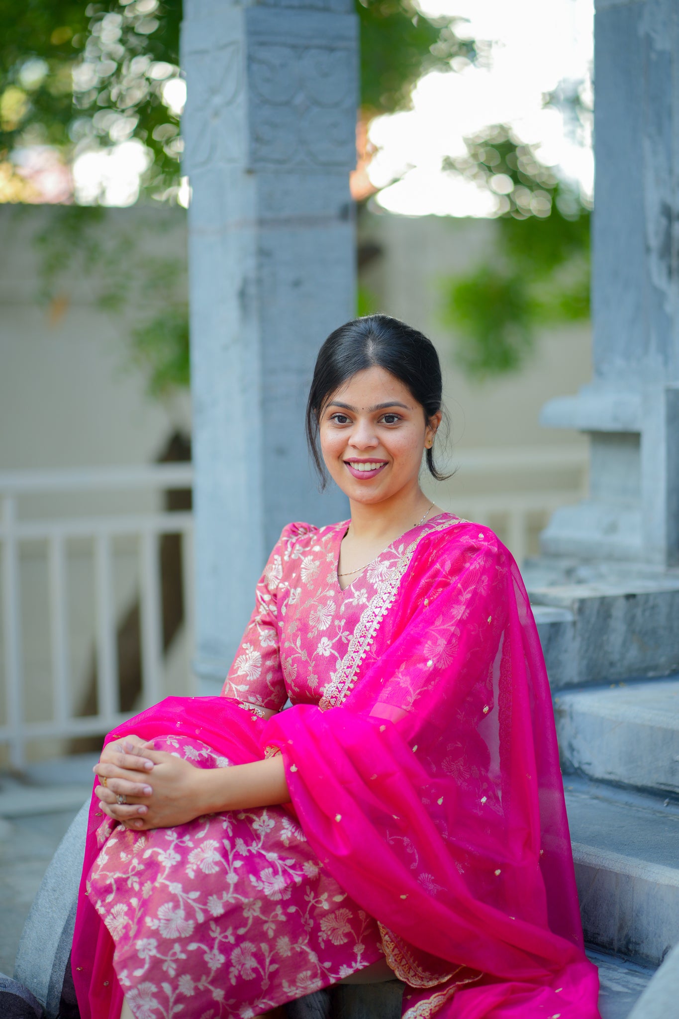 AA106 Hot Pink Tissue Brocade  Silk kurti with Designer Organza  Dupatta