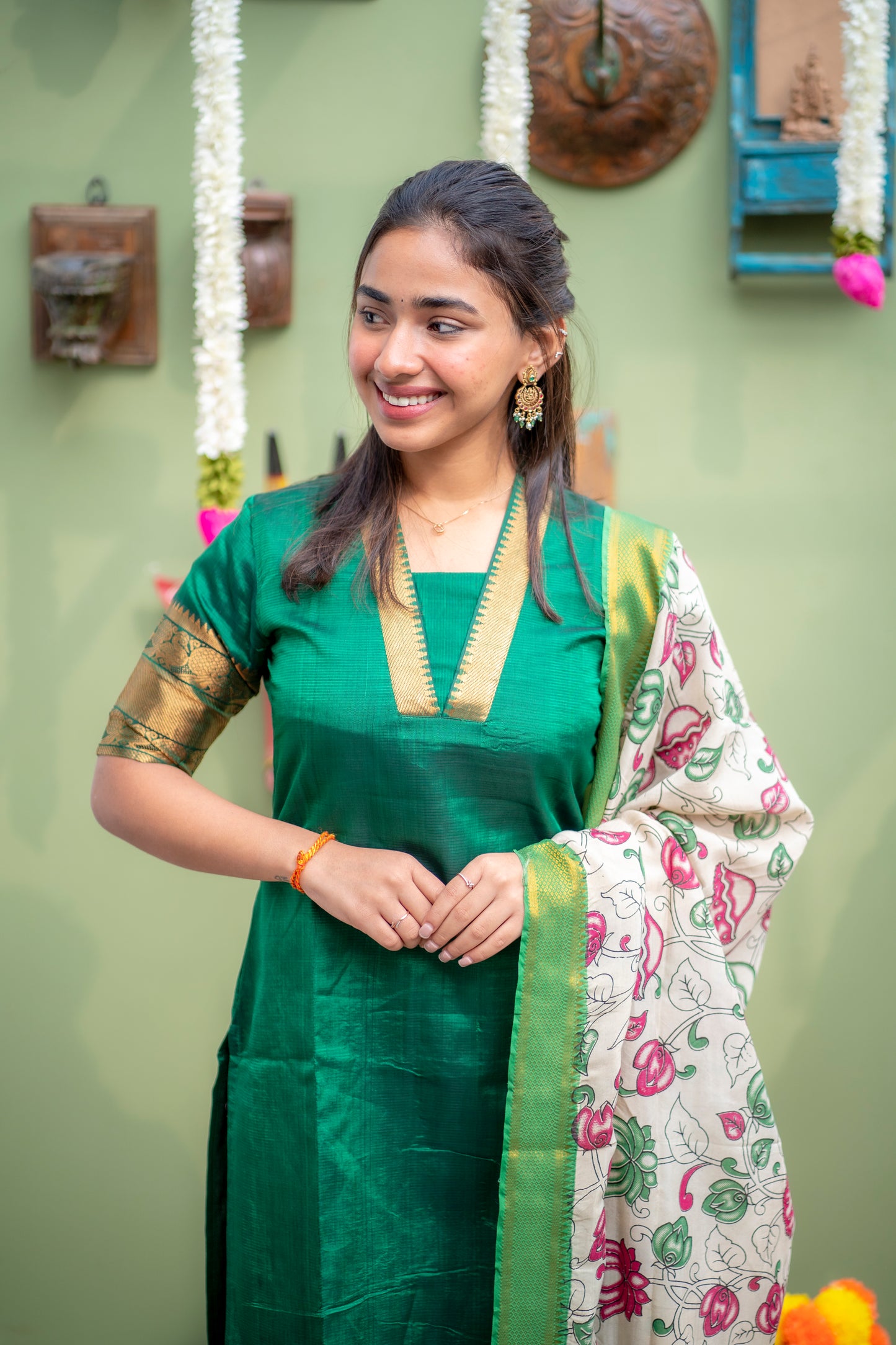 AA150 Dark Green Pure Mangalagiri Silk Kurti with kalamkari Dupatta