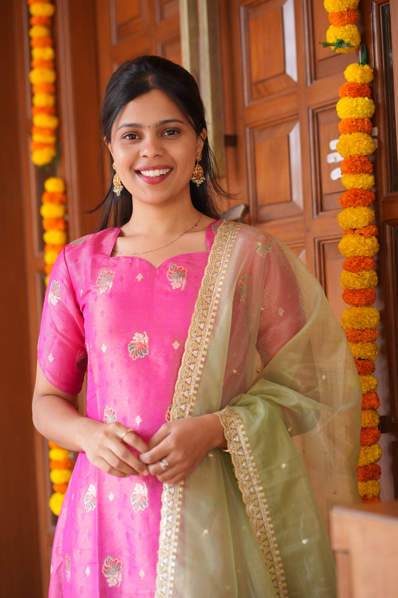 AA163 Pink Shimmer Silk A line Kurti with Pastel Green Organza Dupatta