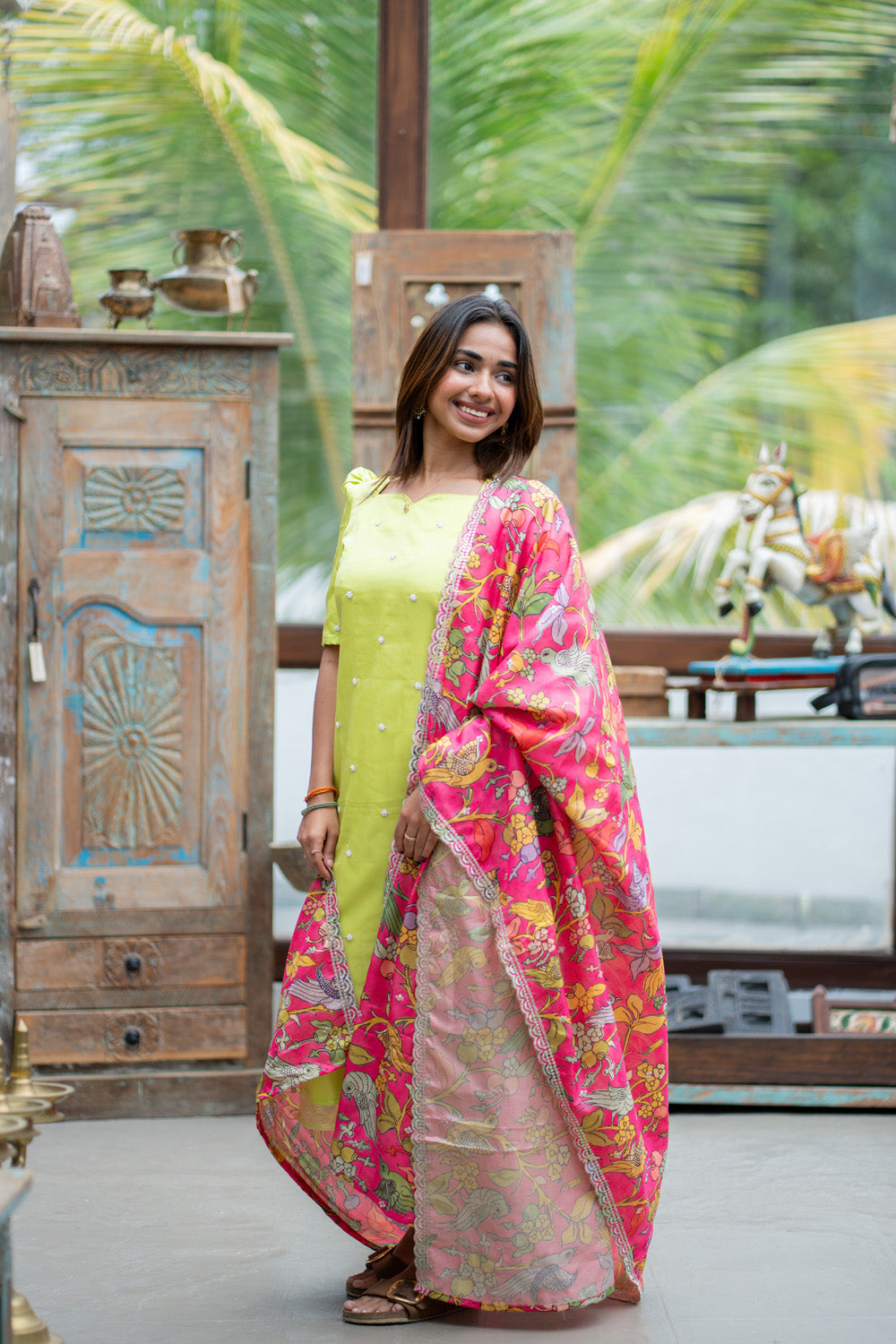 AA299 Gulabi Kalamkari Silk set (Pistachio Beads work Organza Kurti with Kalamkari Silk Dupatta with Scallop at the edges)