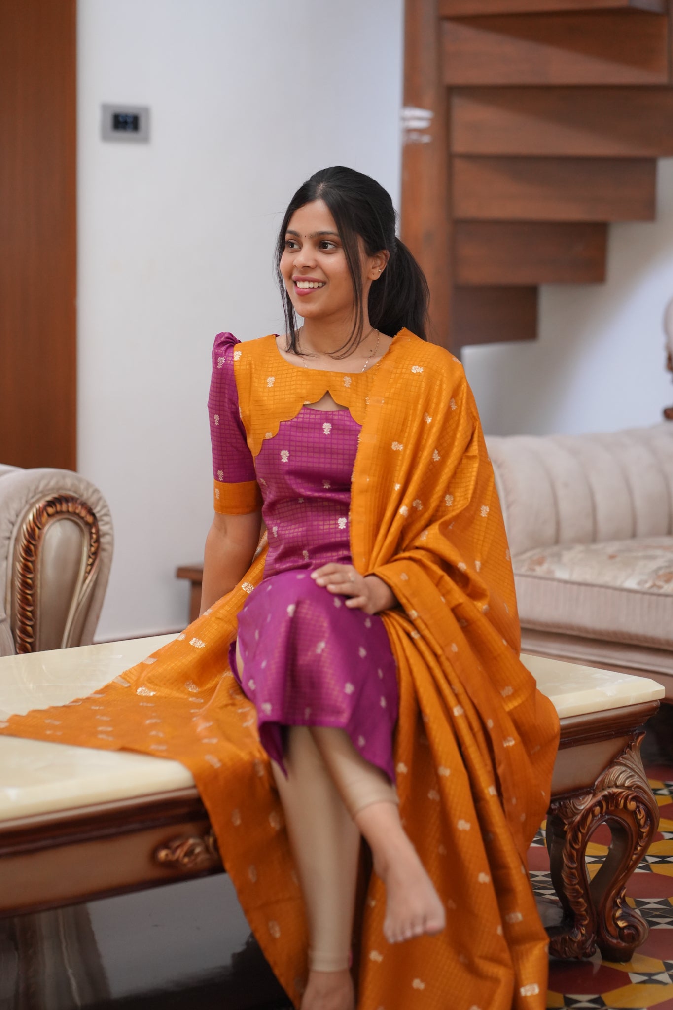 AA159 Violet with Mustard Yellow Combo Dude Silk Kurti with Dupatta