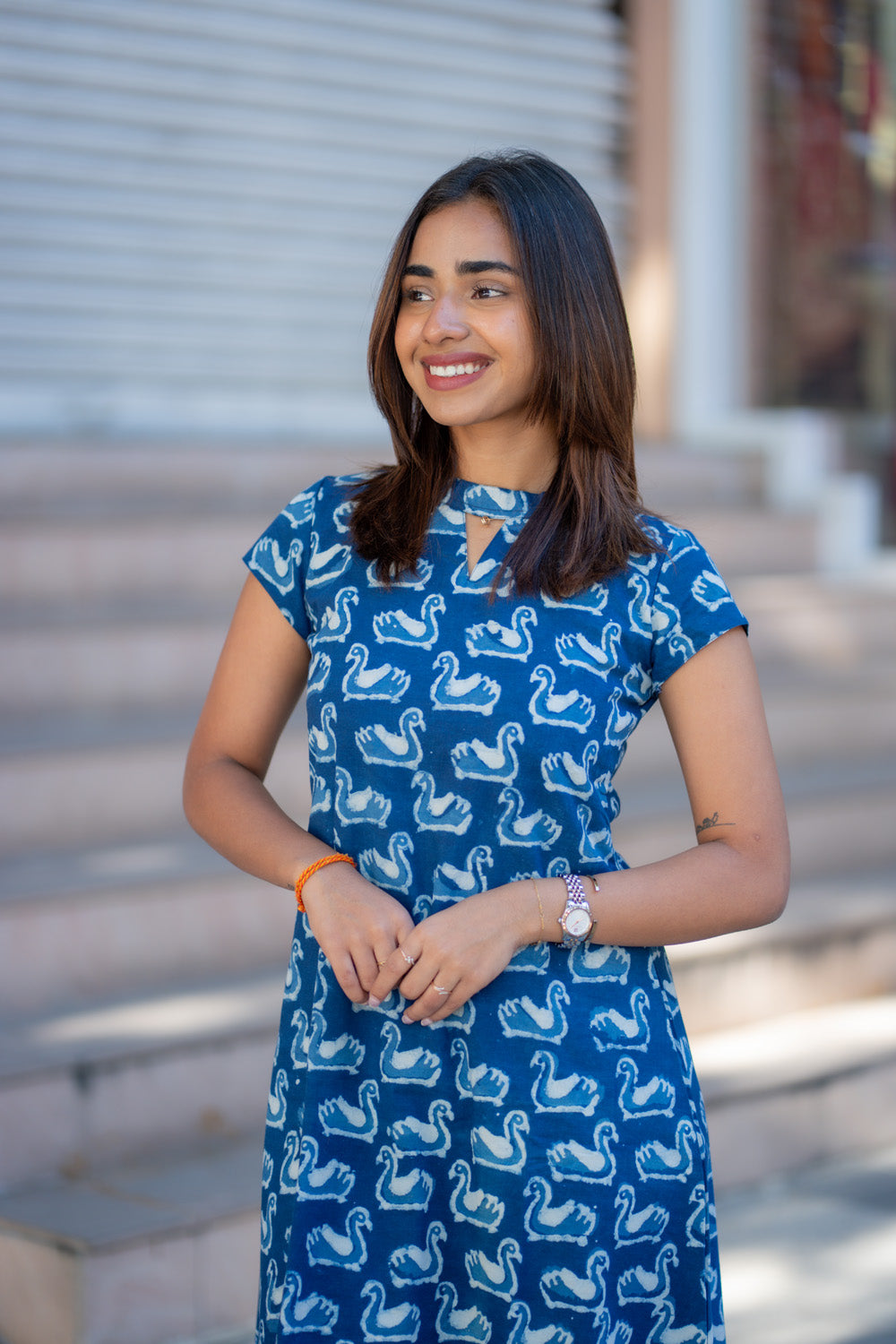 AA265 Indigo Blue Swan Print Cotton Aline Dress