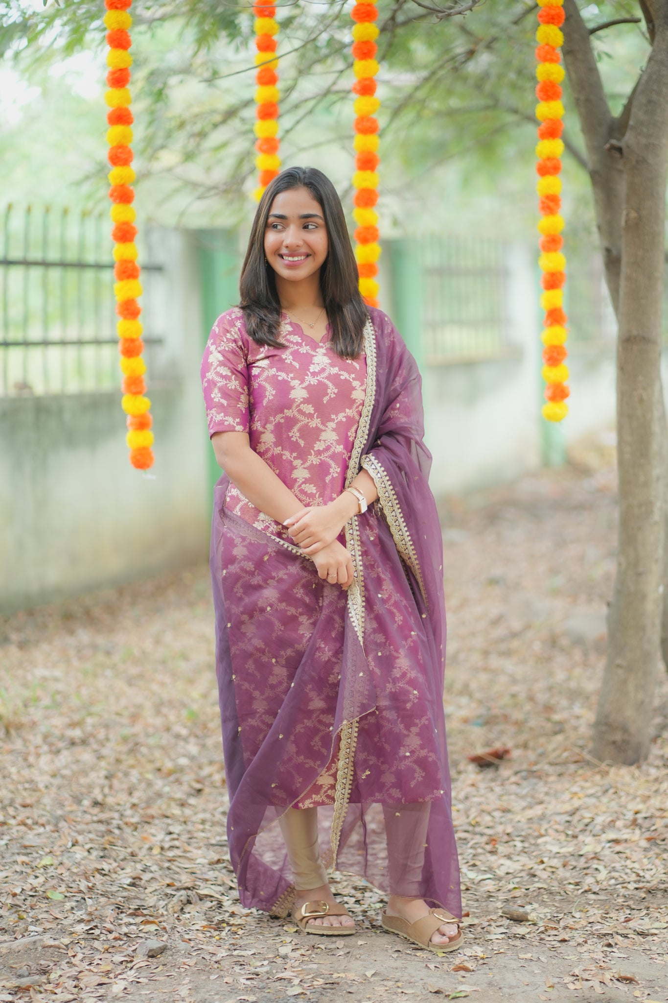 AA162  Wine with Golden Floral Zari Weaving Tissue Silk Kurti with Organza Sequence Dupatta