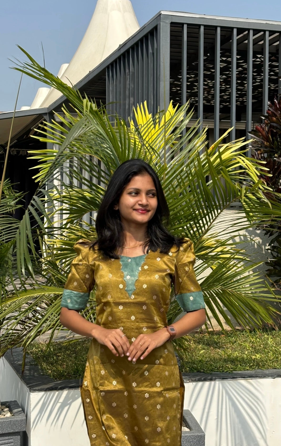 AA181 Mustard with Teal Blue Combo Shimmer Silk Kurti(Warning:Don’t Iron)