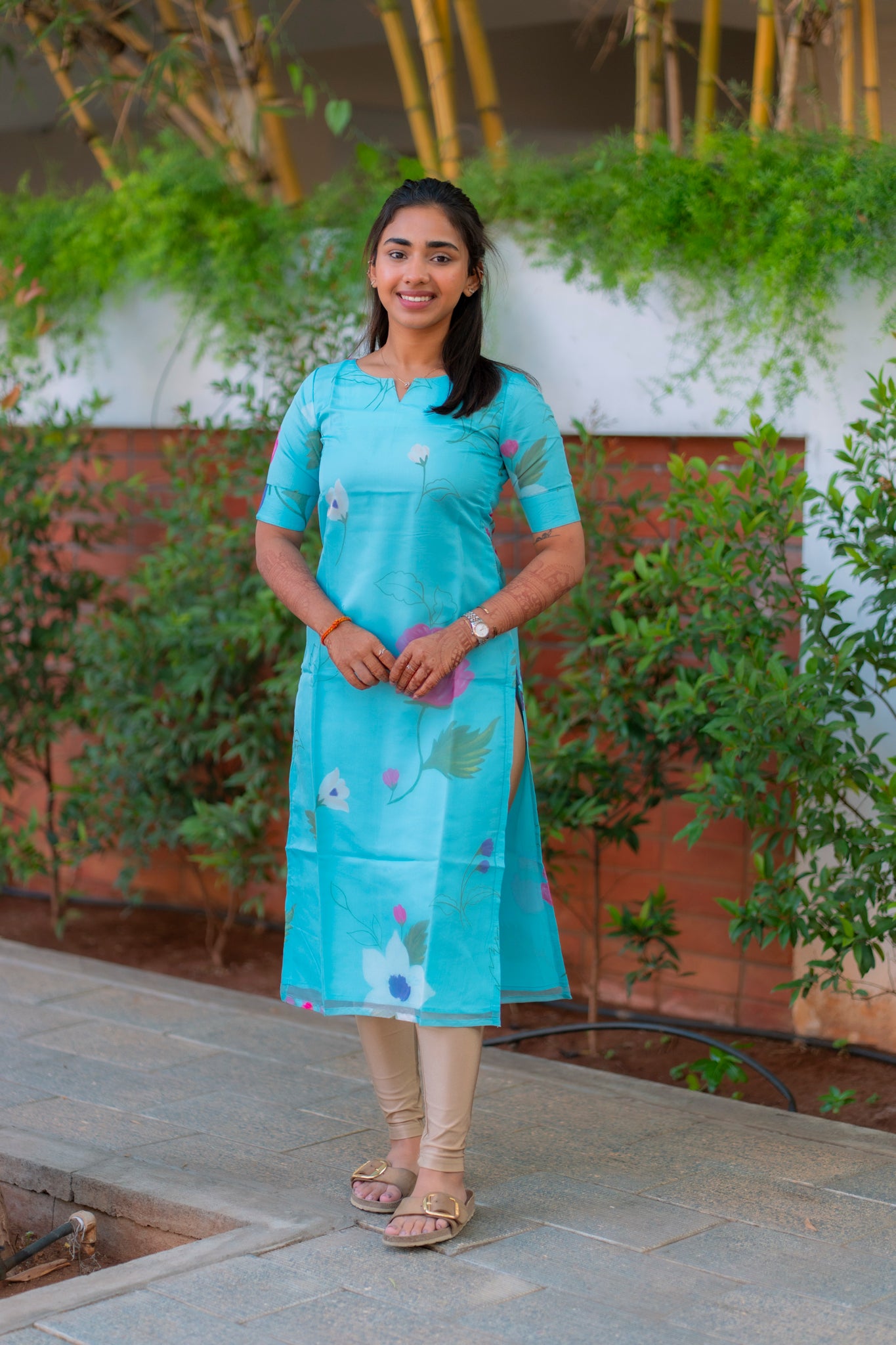 AA194 Blue Floral Organza Kurti