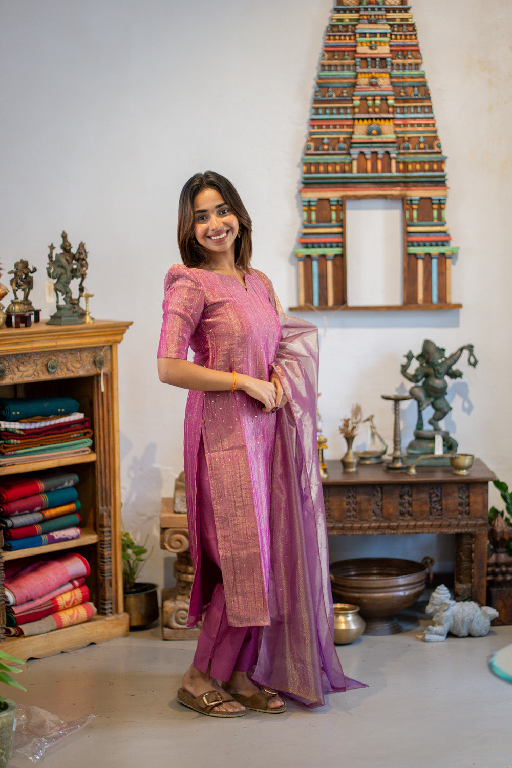 AA303 Purplish Pink Crush Silk Salwar Set with Shiny Tissue Silk Dupatta(crepe Lining)