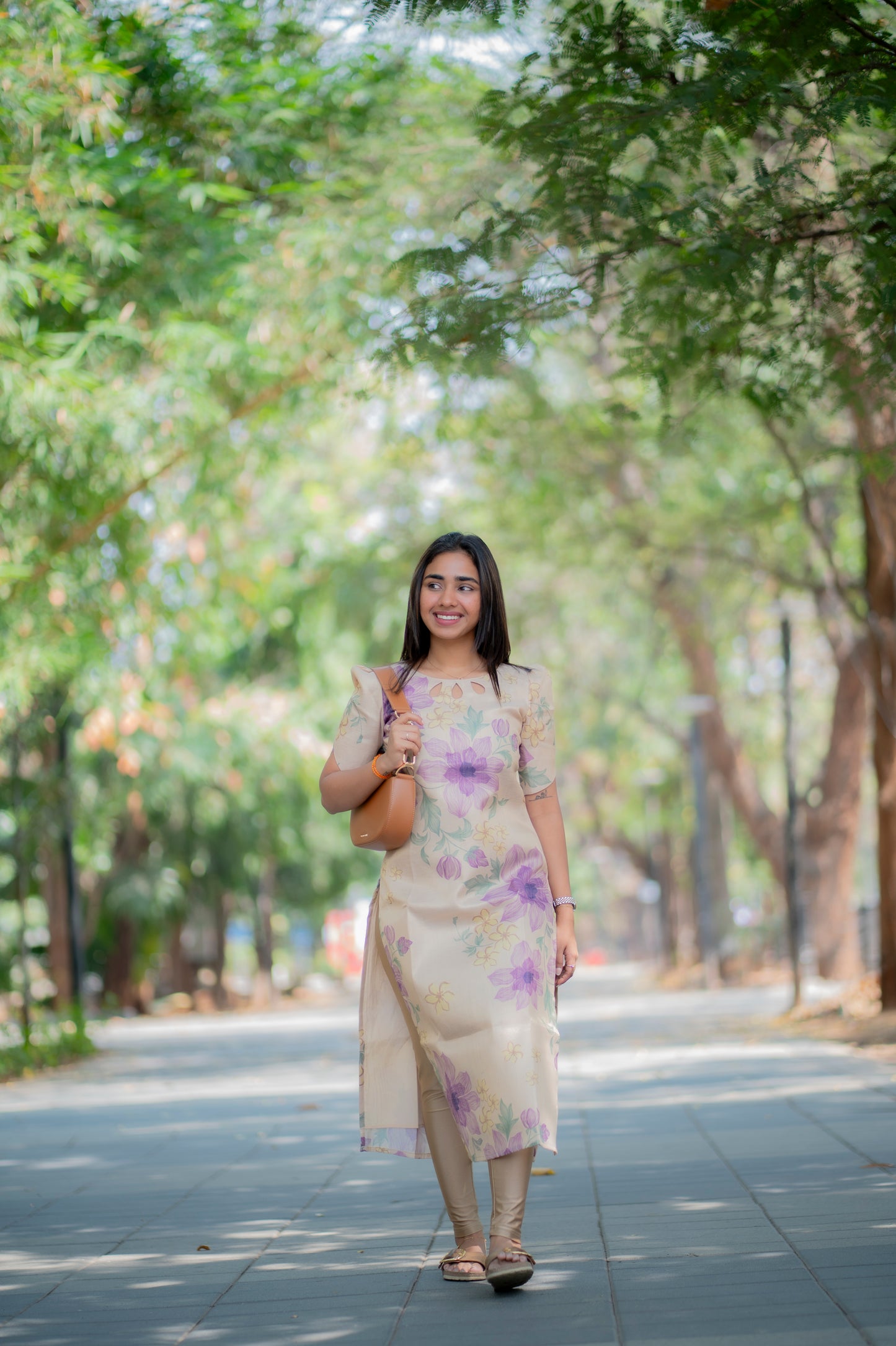 AA188 Cream with Lavender Floral Silk Kurti