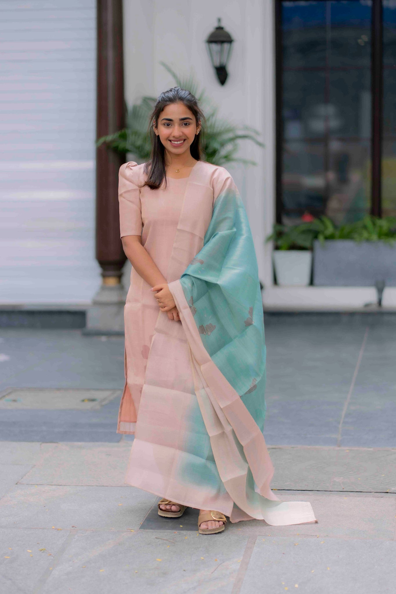 AA200 Cream Beige with Blue Combo Tissue Silk 3 Pc Set