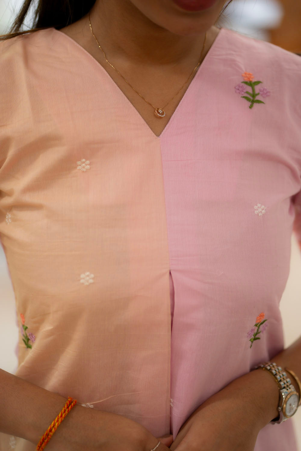 AA222 Peach with Pink Combo  Mul Chanderi Embroidery Aline Dress