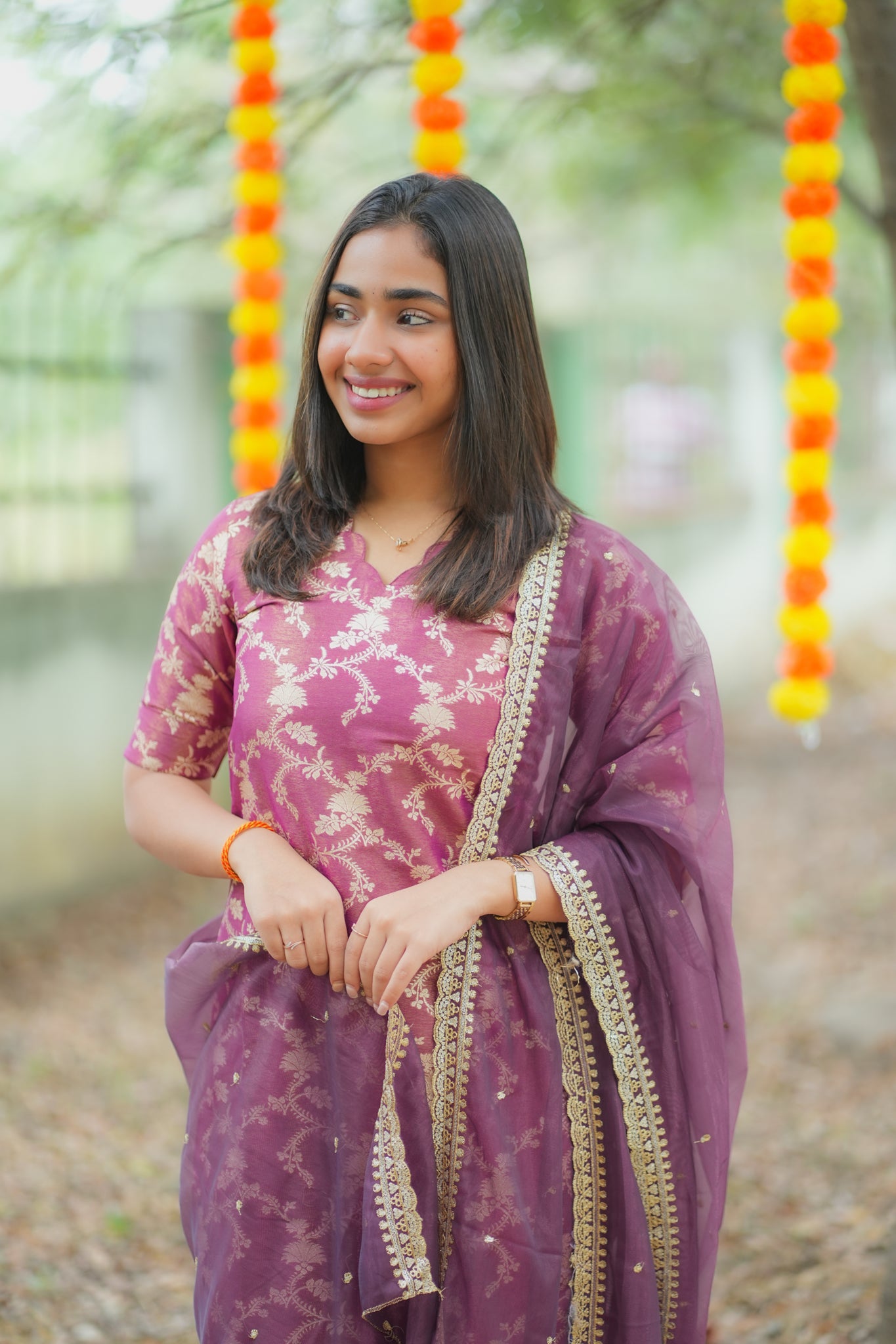 AA162  Wine with Golden Floral Zari Weaving Tissue Silk Kurti with Organza Sequence Dupatta