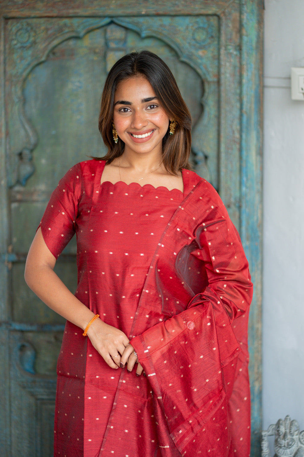AA304 Plum Red Chanderi Silk Salwar Set with Scallop Neck (Rich & Classy Outfit with Golden Border & Golden Motifs)