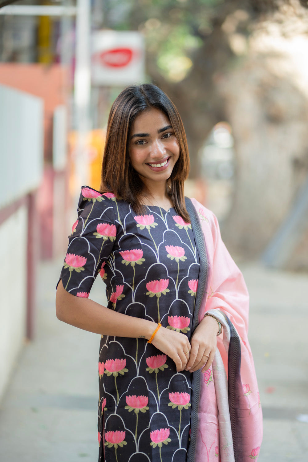 AA275 Black With Pink Lotus Kollam Silk Salwar set