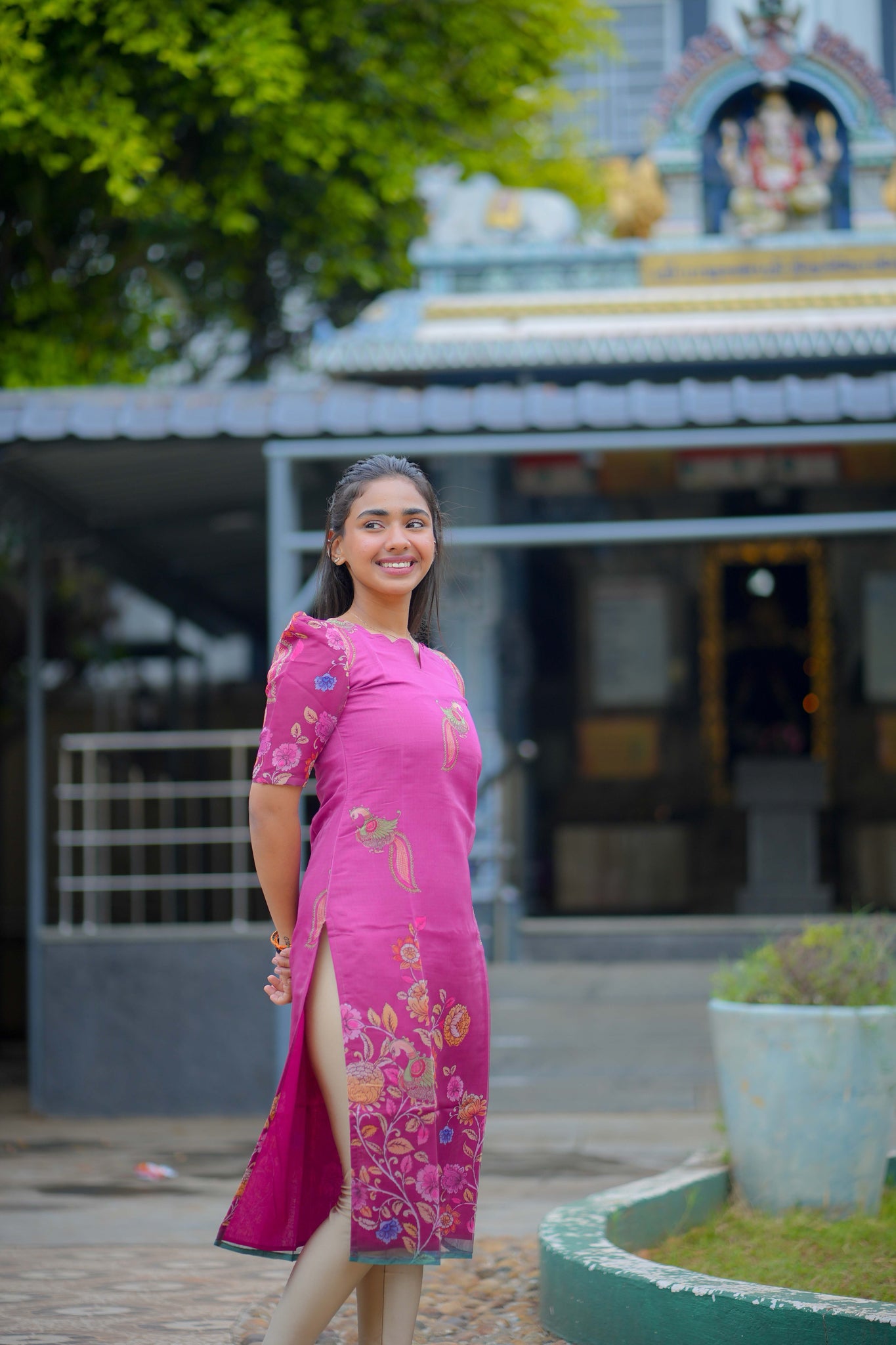 AA112 Pink Floral Peacock Organza Kurti