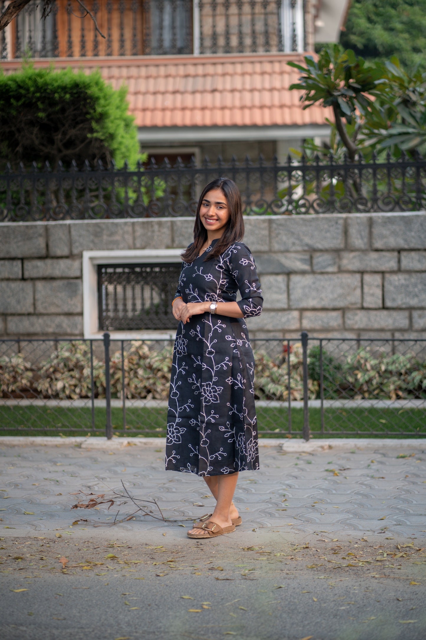 AA168 Black Linen Embroidery Frock