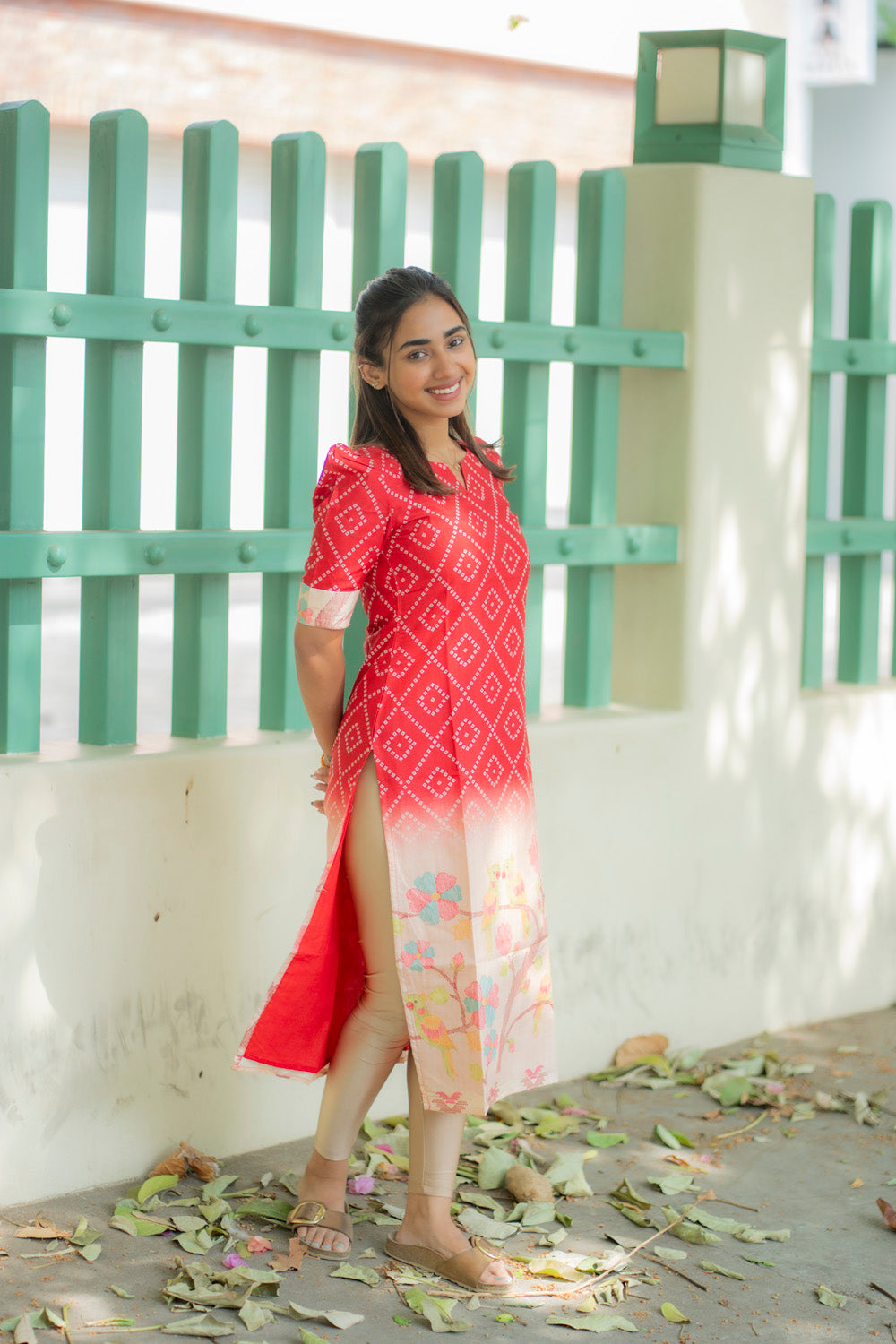 AA237 Red Bandhani with Beige Floral Parrot Print Kurti