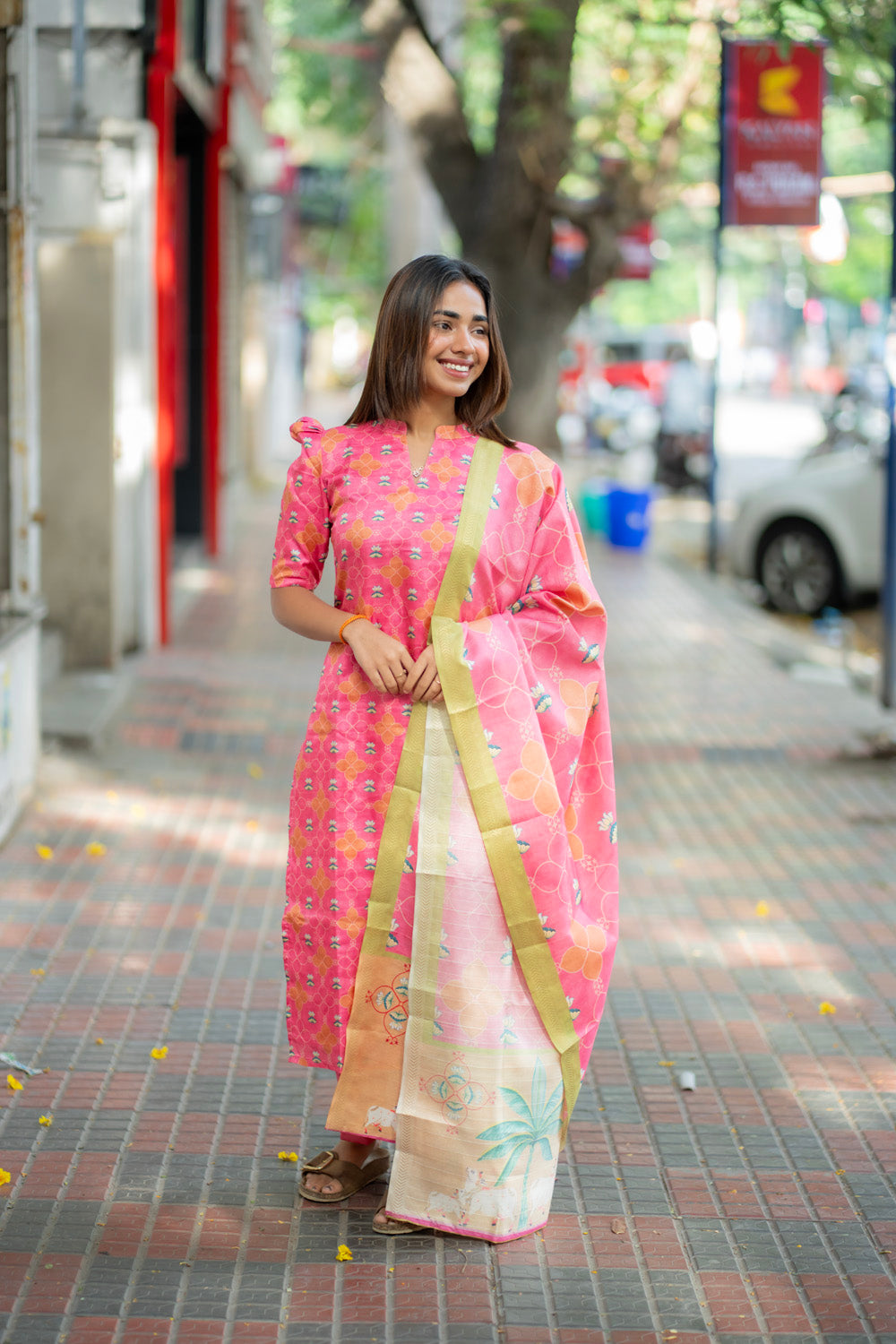 AA273 Pink Kollam silk Digital print Salwar Set