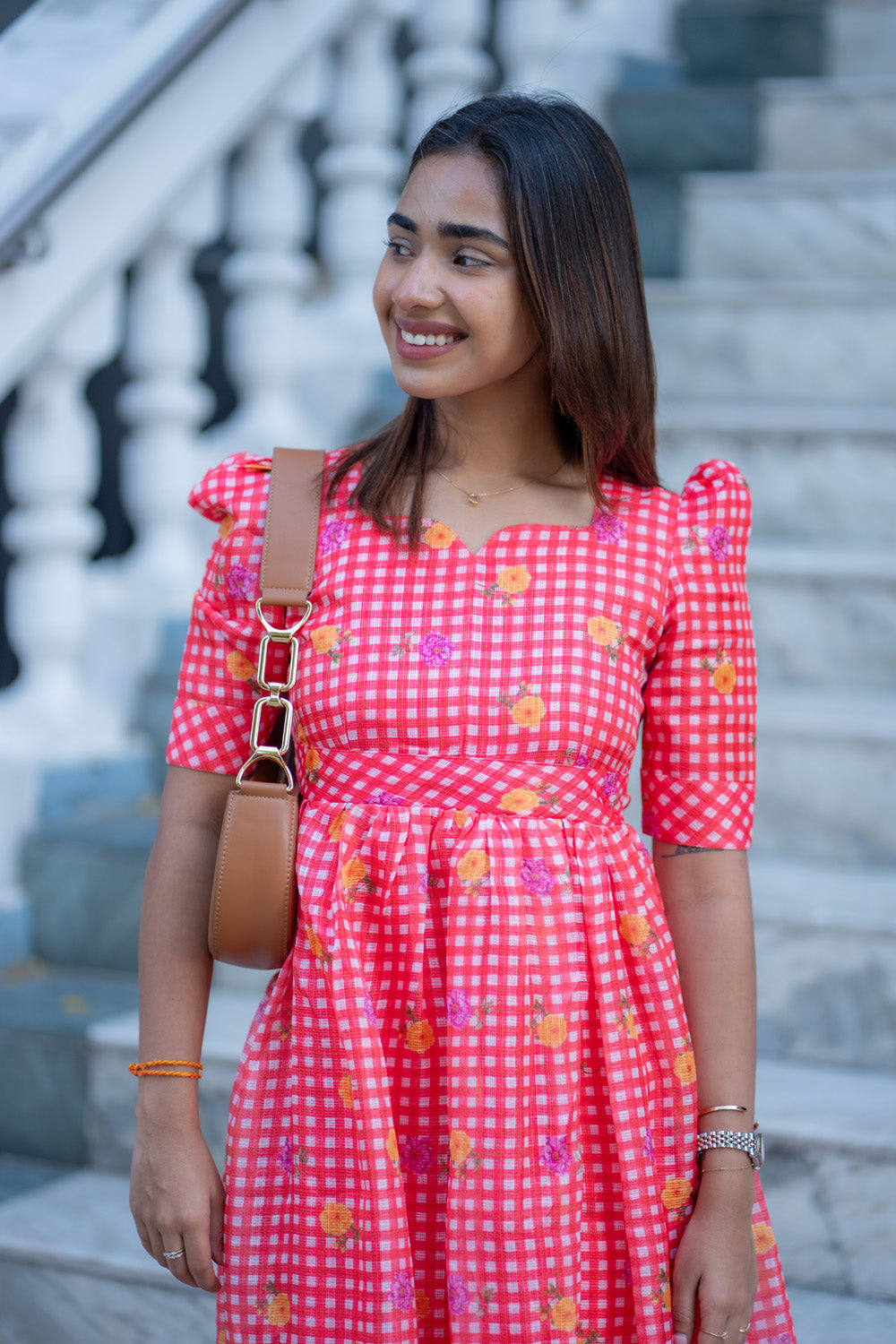 AA269 Red Checks Floral Kota Maxi