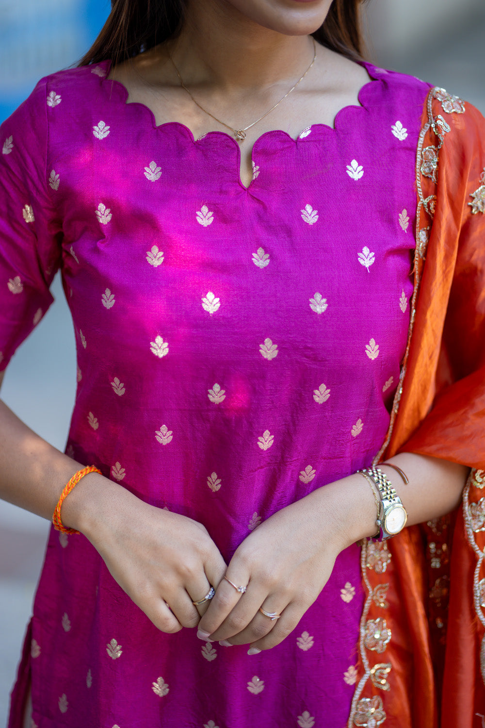AA264 Pink Banarasi Silk Kurti with Rust Orange Silk Dupatta