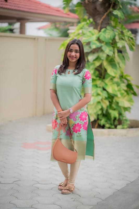 AA154 Pastel Green Floral Tissue Silk Kurti