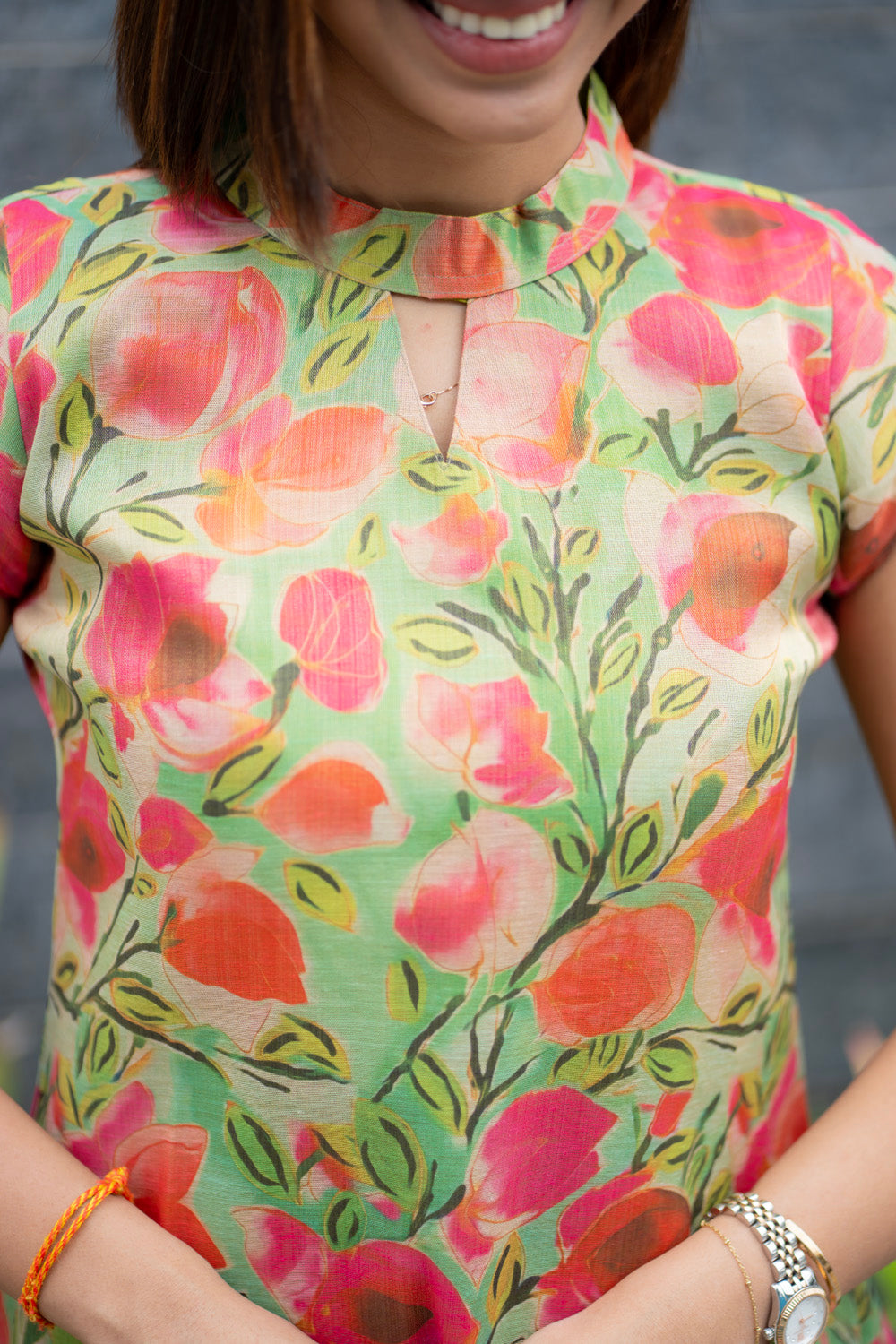 AA283  Green With Pink Floral Shimmer Silk Aline Kurti