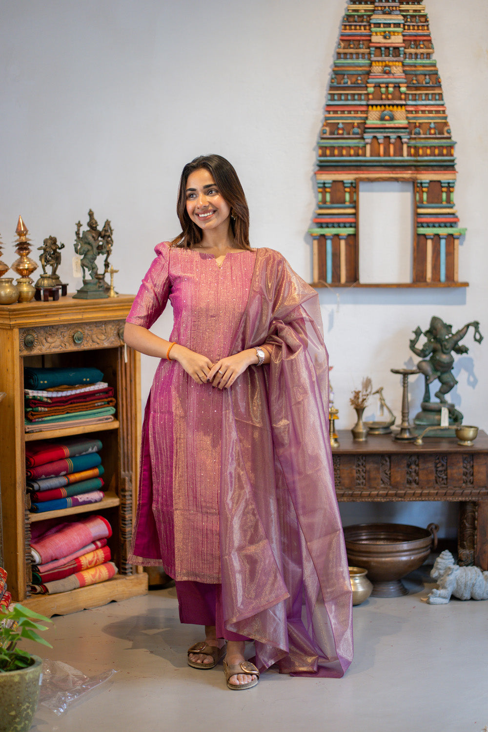 AA303 Purplish Pink Crush Silk Salwar Set with Shiny Tissue Silk Dupatta(crepe Lining)