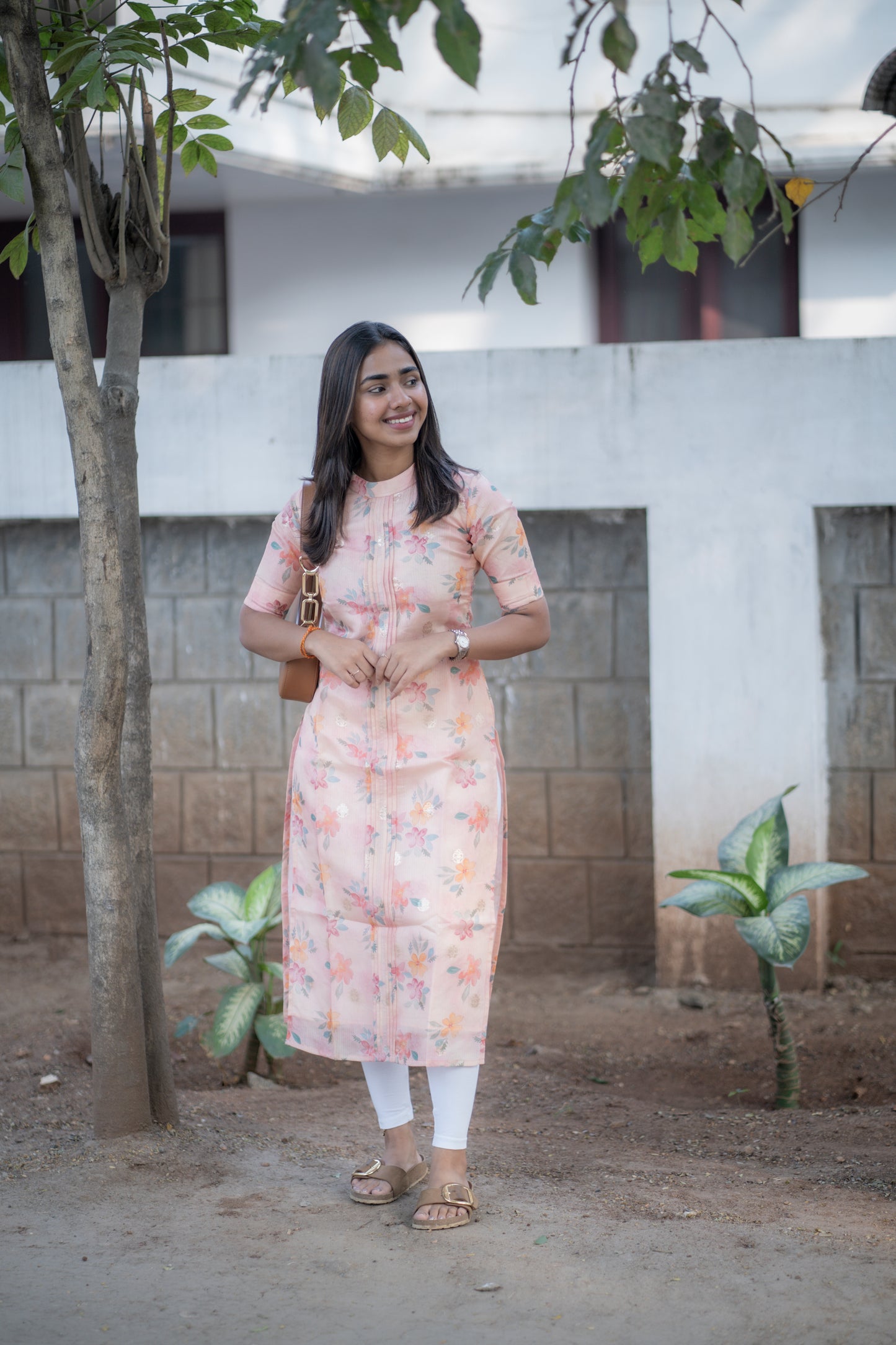AA170 Peach Floral Kota Silk Kurti