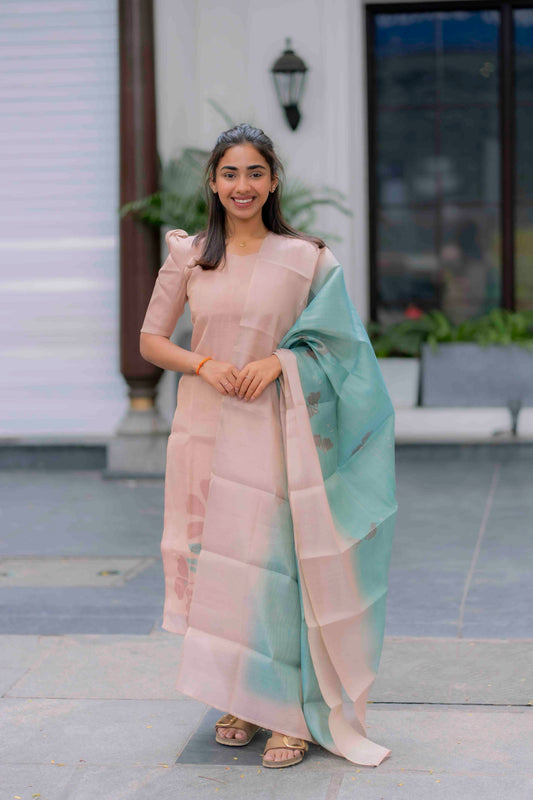 AA200 Cream Beige with Blue Combo Tissue Silk 3 Pc Set