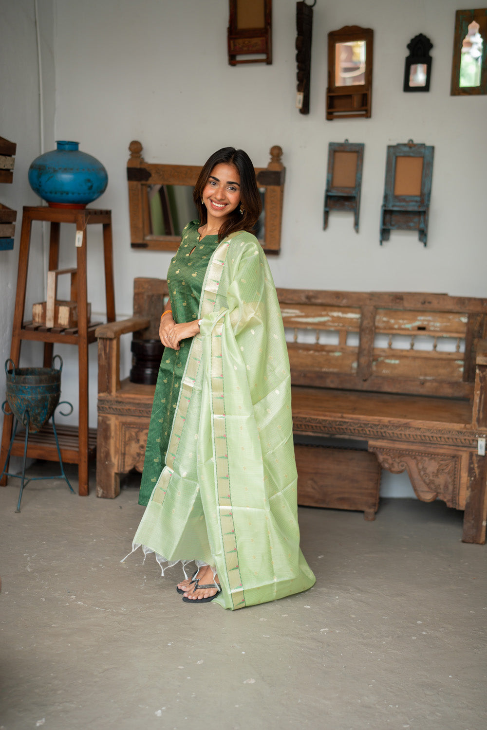 AA311 Bottle Green Checks Swan Print Tissue Silk Kurti with Light green Checks Paithani Border Tissue Silk Dupatta