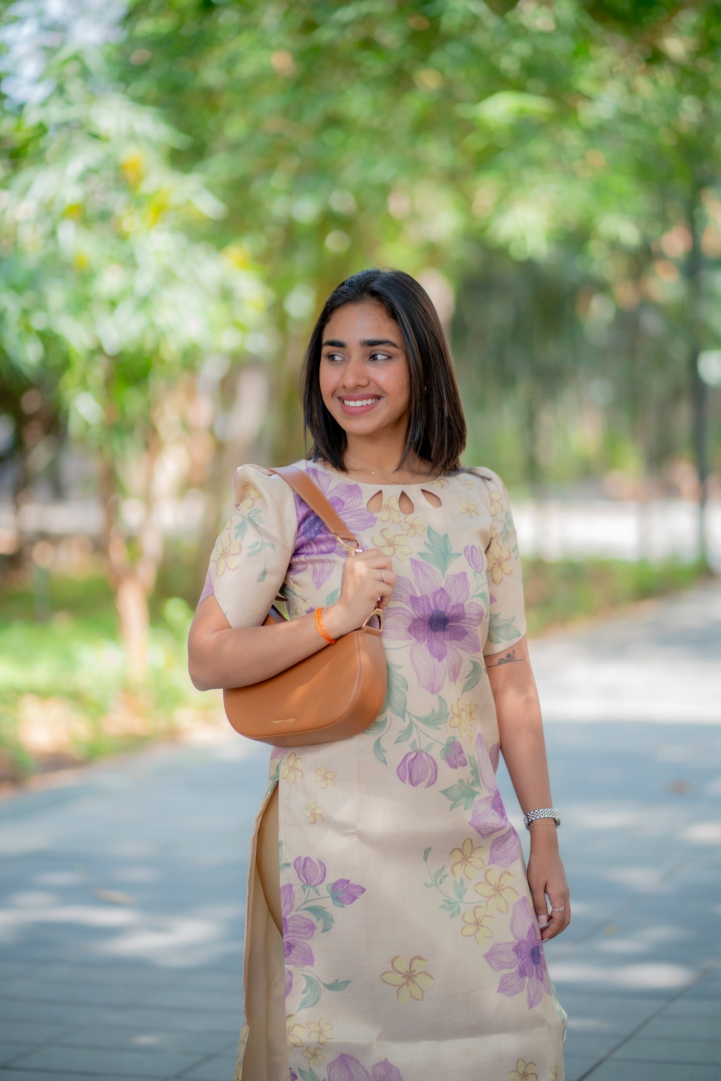 AA188 Cream with Lavender Floral Silk Kurti