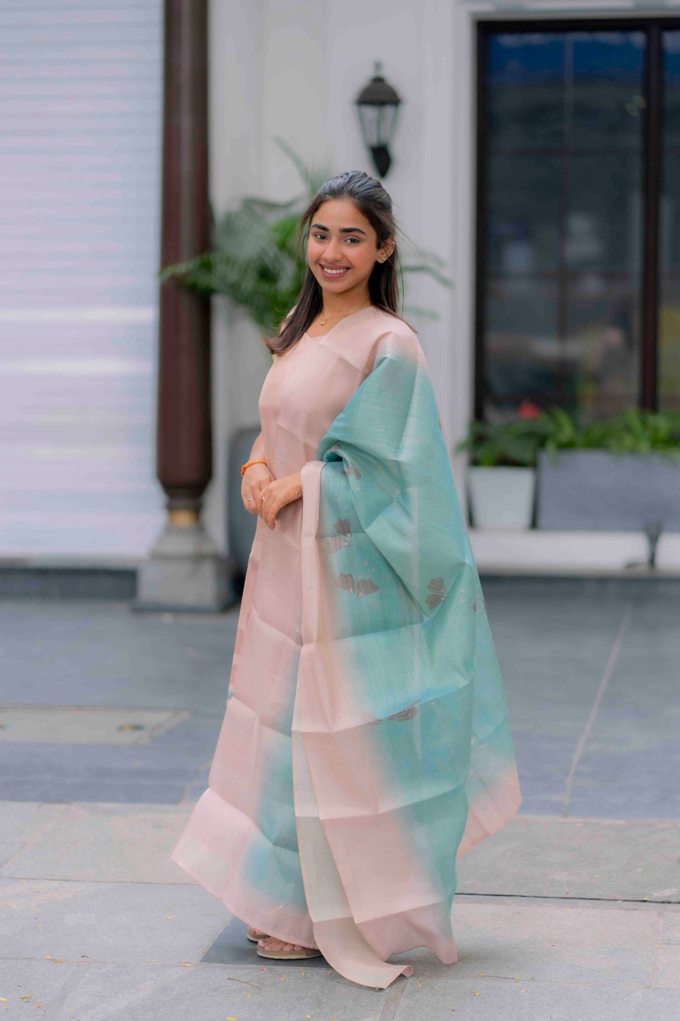 AA200 Cream Beige with Blue Combo Tissue Silk 3 Pc Set