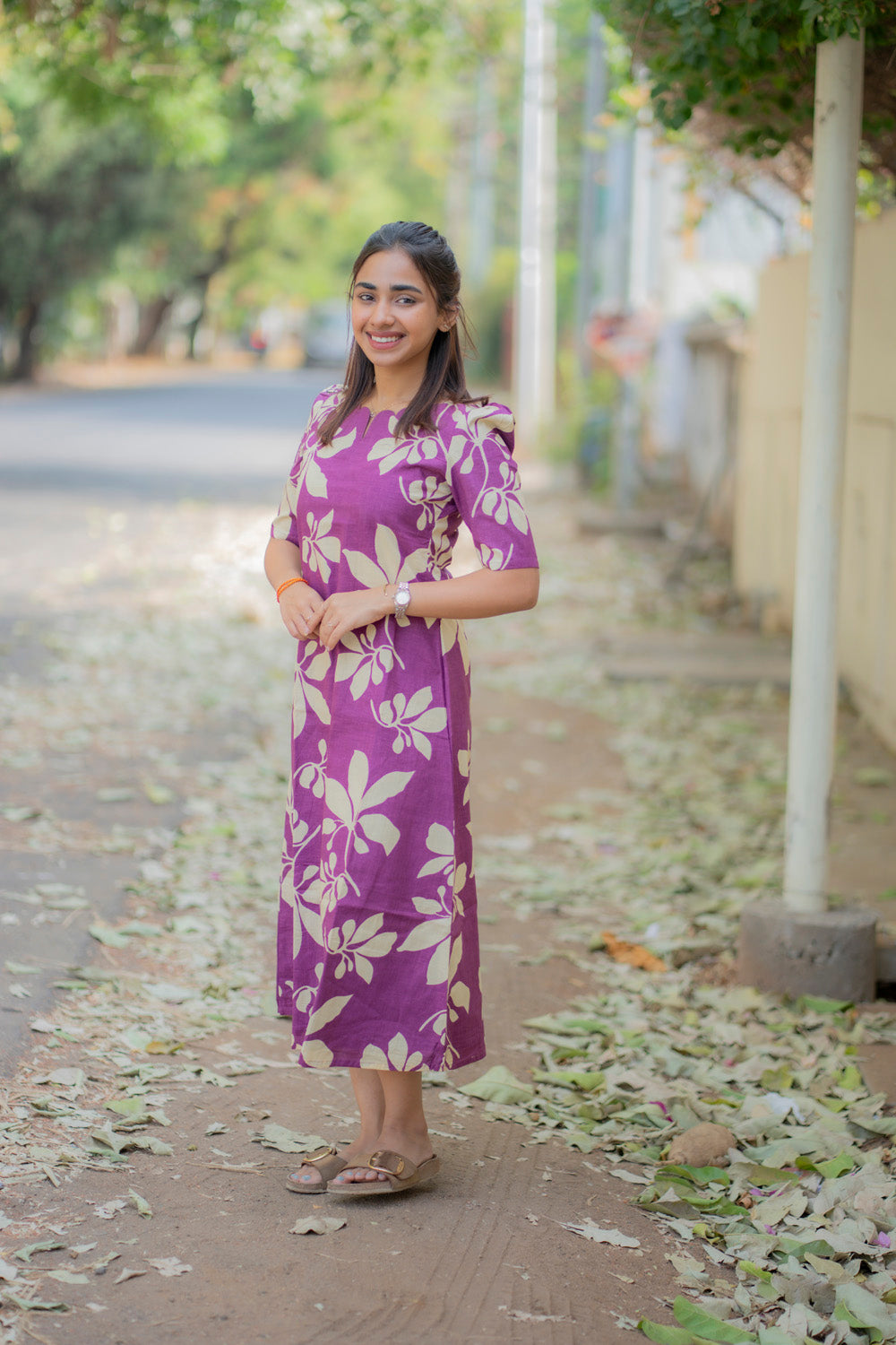 AA236 Purple Floral Cotton Aline Dress