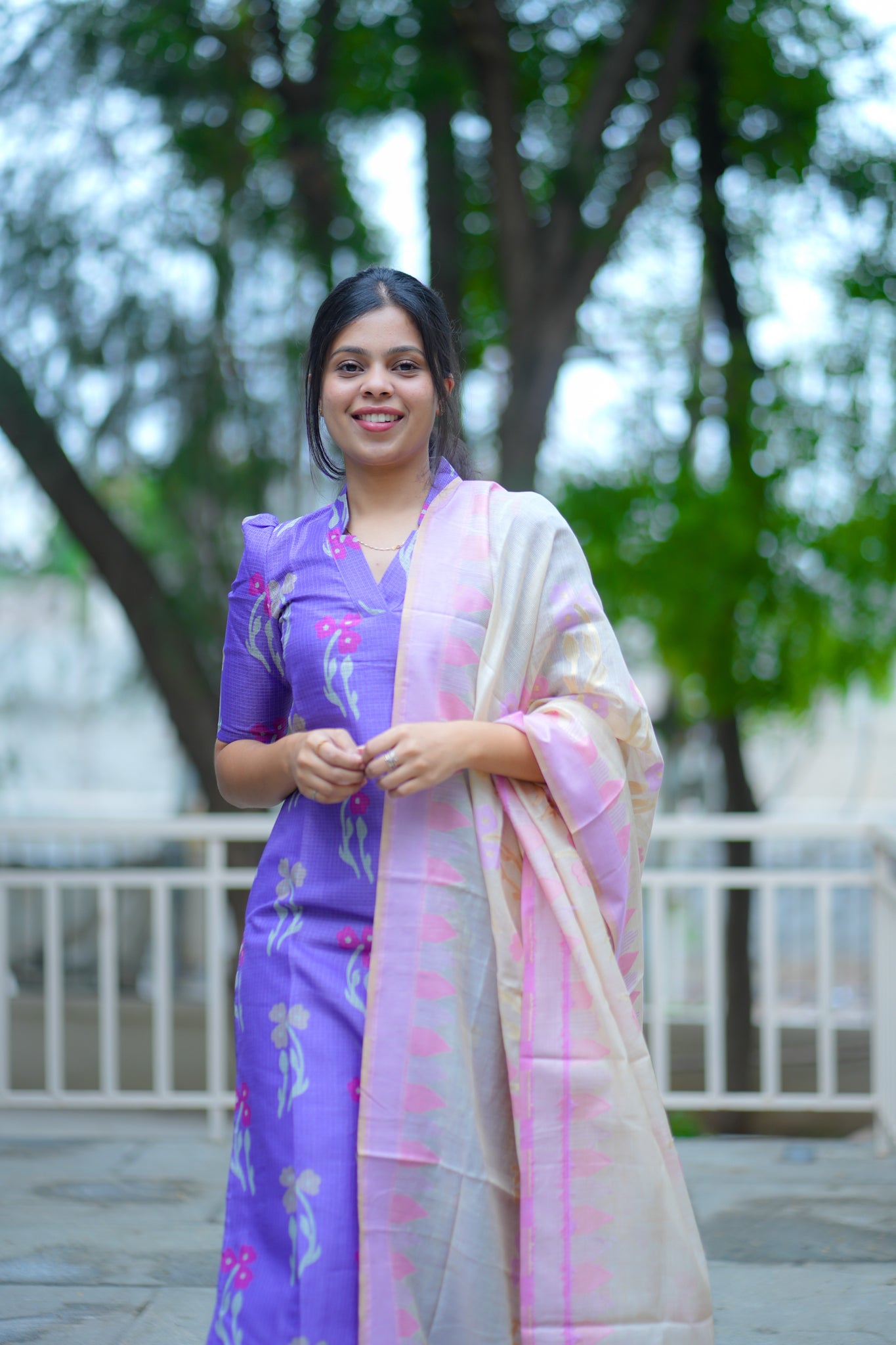 AA123 Lavender Kota Kurti with Lilac & Pink Jacquard Silk Dupatta