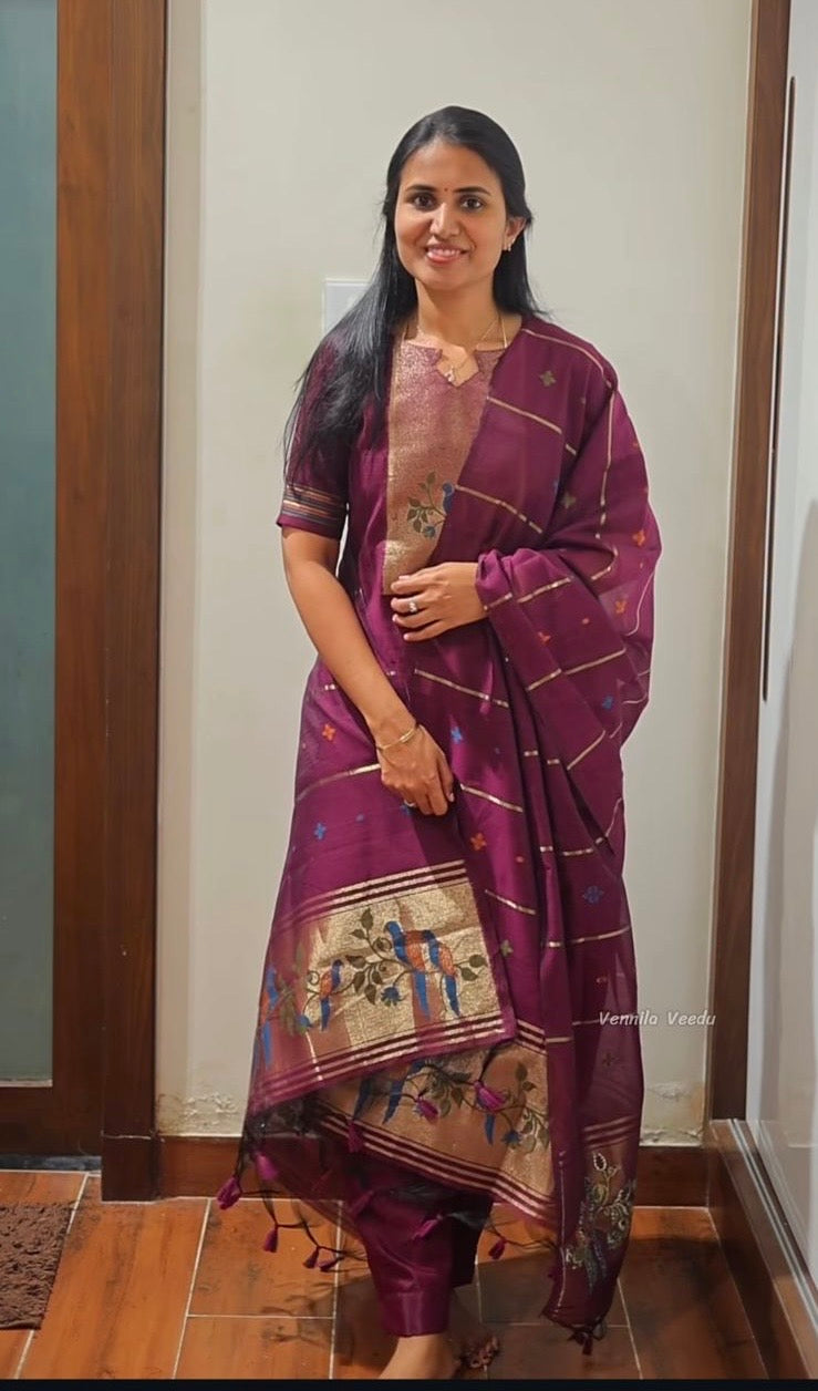 AA176 Purple Jamdhani Silk 3 Pc set