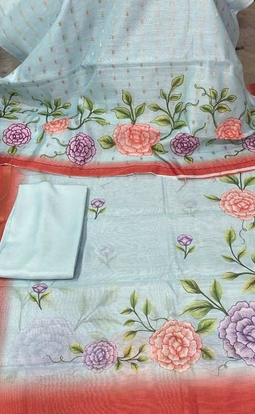 Blue Floral Kota Linen Salwar Material