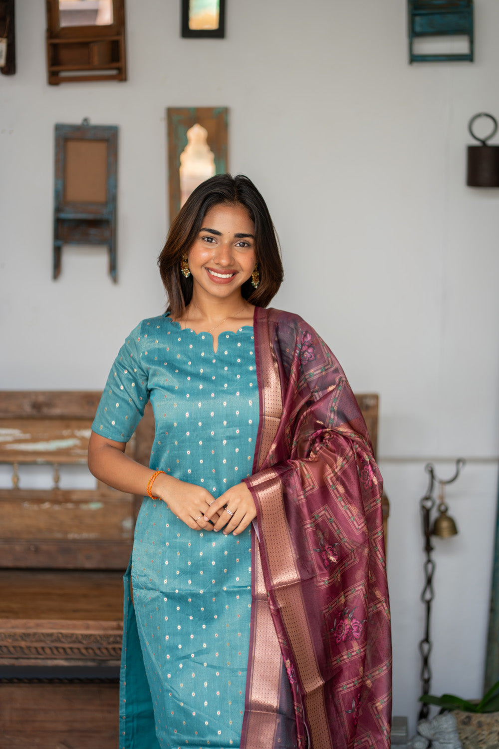 Blue Raw Silk Kurti with Beautiful Motifs paired with Organza Dupatta