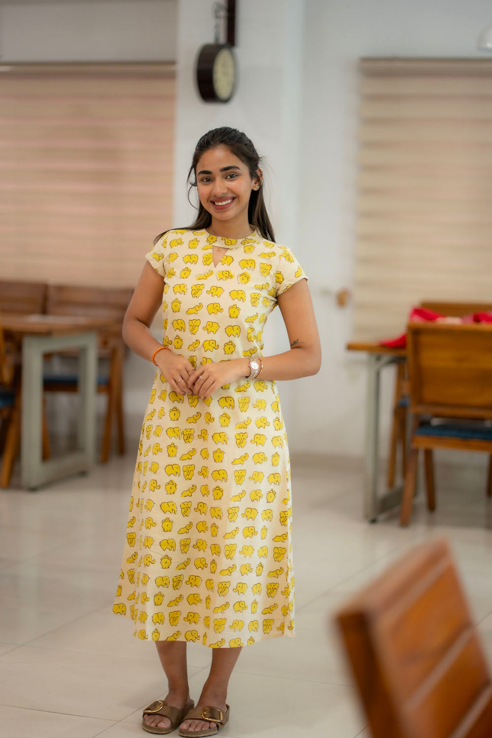 AA223 Beige Colour Yellow Elephant Print Cotton Aline Dress