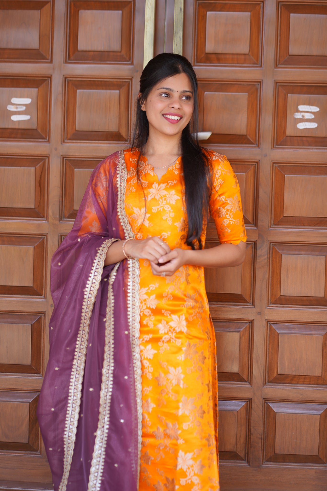 AA152 Dark Orange Brocade Silk Kurti with Wine Organza Sequence Dupatta
