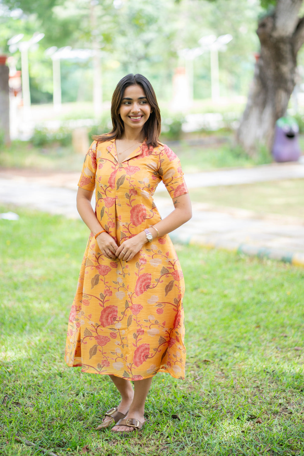 AA290 Marigold Floral Chiniya Silk Aline Dress