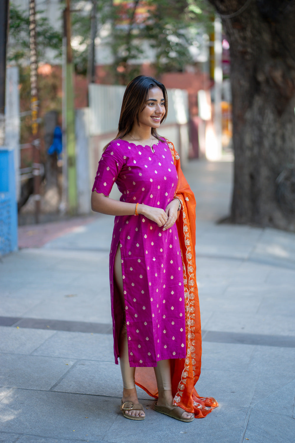 AA264 Pink Banarasi Silk Kurti with Rust Orange Silk Dupatta