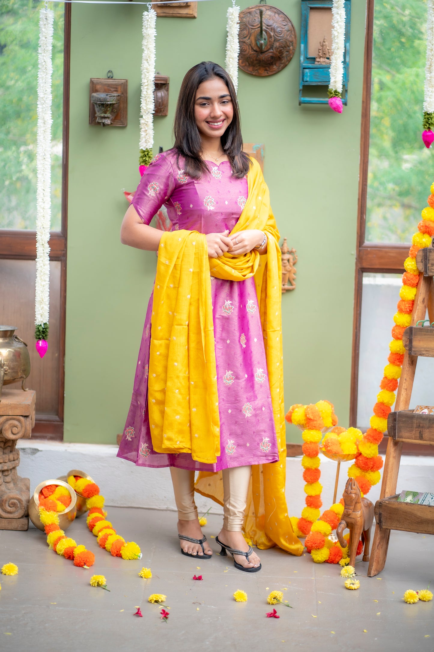 AA153 Lavender Shimmer Silk A line Kurti with Yellow Golden Motifs Dupatta