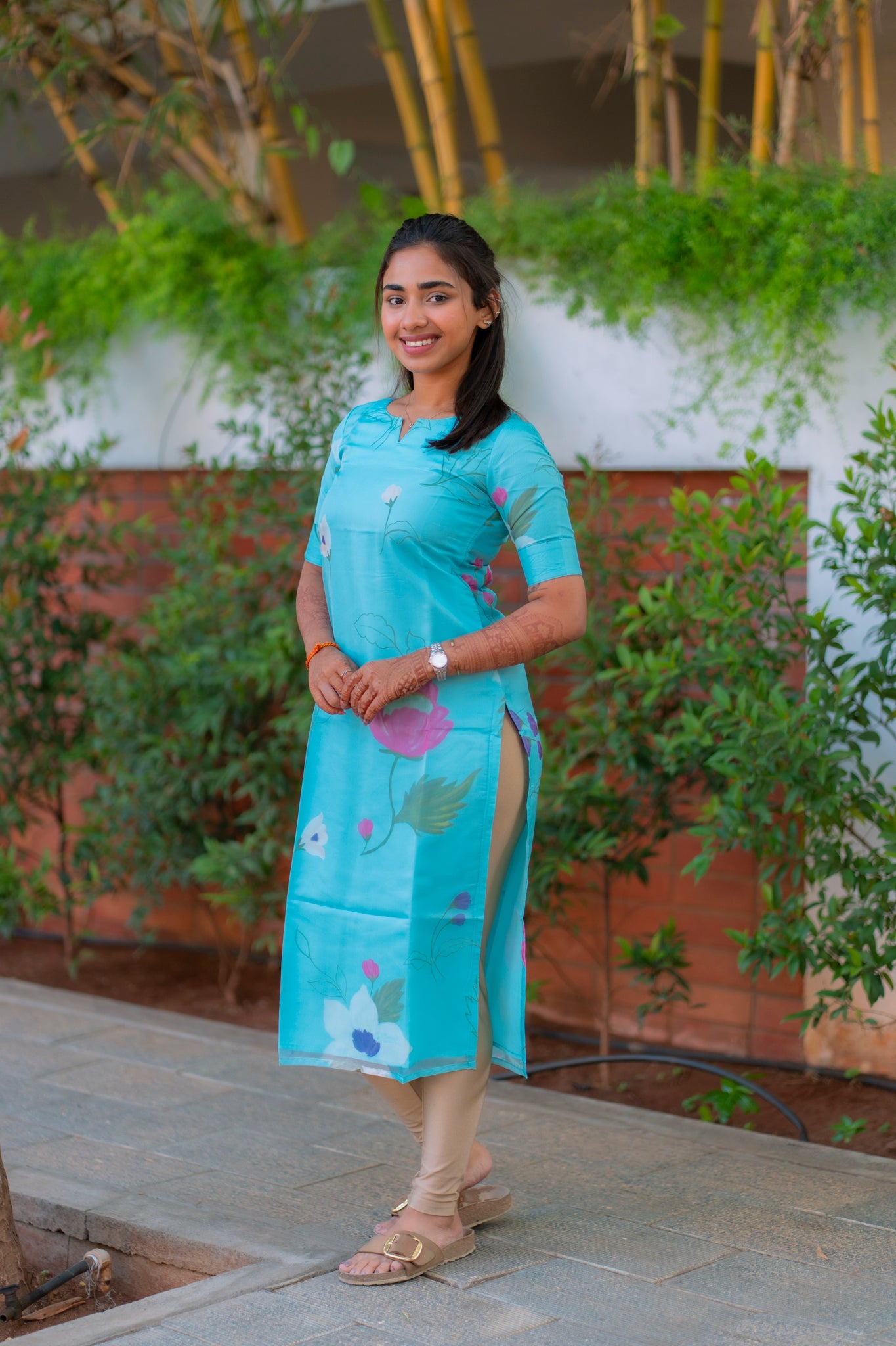 AA194 Blue Floral Organza Kurti