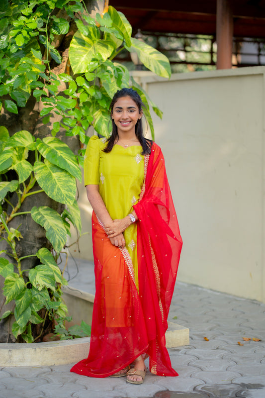 AA195 Parrot Green Glassy Organza Designer Kurti with Red Designer Dupatta