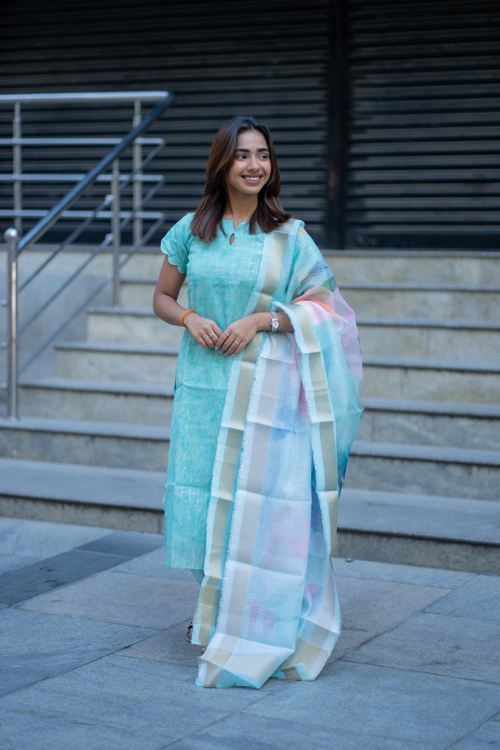 AA262 Blue Checks Digital Silk Salwar