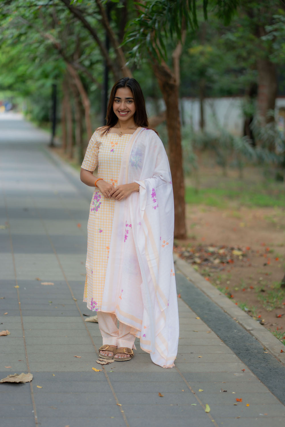 AA247 Yellow with White Checks Floral Cambric Cotton Salwar set